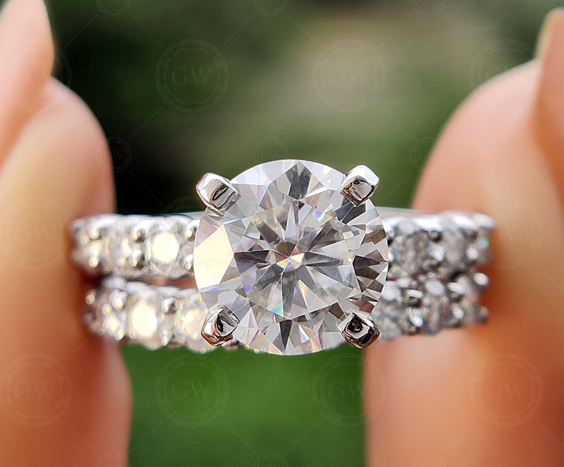 Solitaire Engagement Ring With Matching Wedding Band, 2.5 Ct Round Moissanite Bridal Ring Set, Stacking Half Eternity Band, Rings For Women