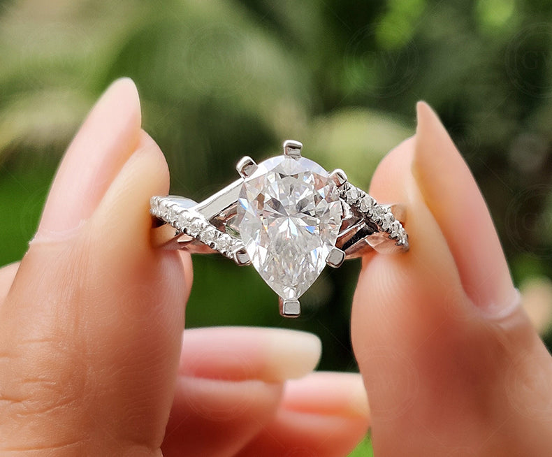 Teardrop Moissanite Engagement Ring, 2.30 Ct Pear Shaped Solitaire Rings For Women, Twisted Infinity Band Ring, Crossover Shank Ring