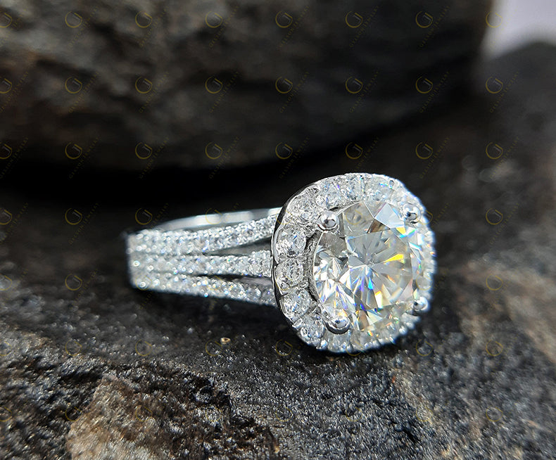 Vintage Halo Engagement Ring, Round Moissanite 935 Argentium Silver Wedding Ring, Gift for Her