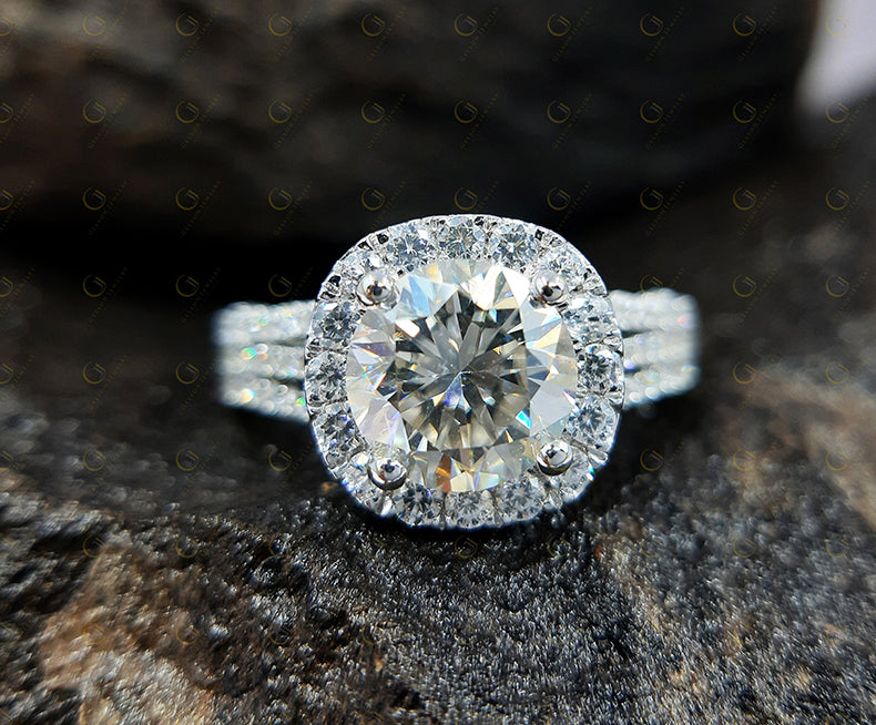 Vintage Halo Engagement Ring, Round Moissanite 935 Argentium Silver Wedding Ring, Gift for Her