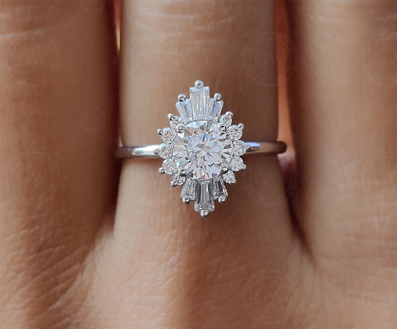 Vintage Inspired Engagement Ring, Art Deco Baguette Sunburst Ring, Round Moissanite Halo Ring, Unique Promise Rings For Women, Gold Ring