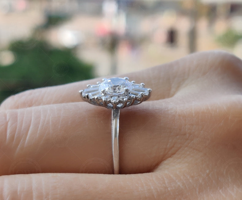 Vintage Inspired Engagement Ring, Art Deco Baguette Sunburst Ring, Round Moissanite Halo Ring, Unique Promise Rings For Women, Gold Ring