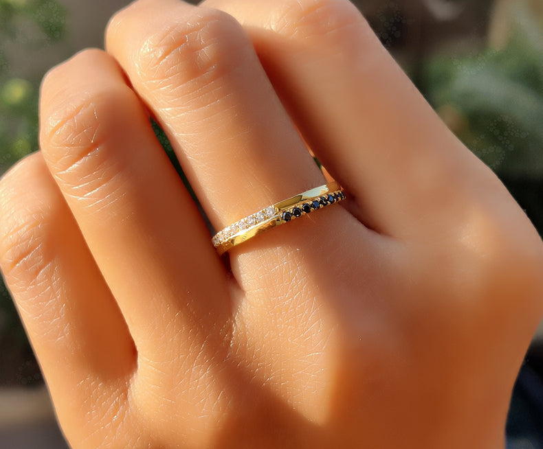 Moissanite Wedding Band - Black & White Diamond Ring - Silver and Gold Half Eternity Round Brilliant Cut Moissanite Stackable Ring