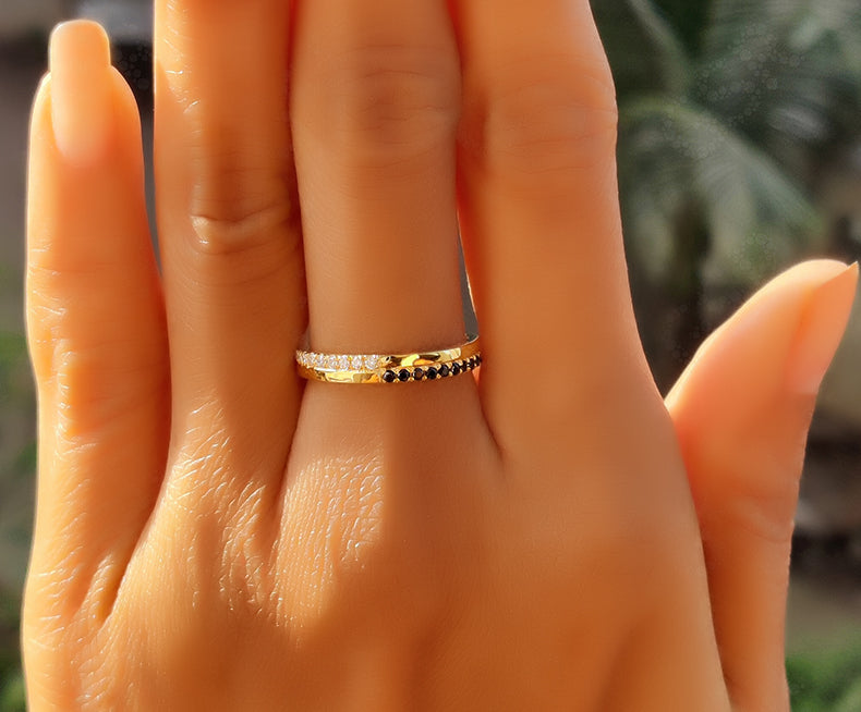 Moissanite Wedding Band - Black & White Diamond Ring - Silver and Gold Half Eternity Round Brilliant Cut Moissanite Stackable Ring