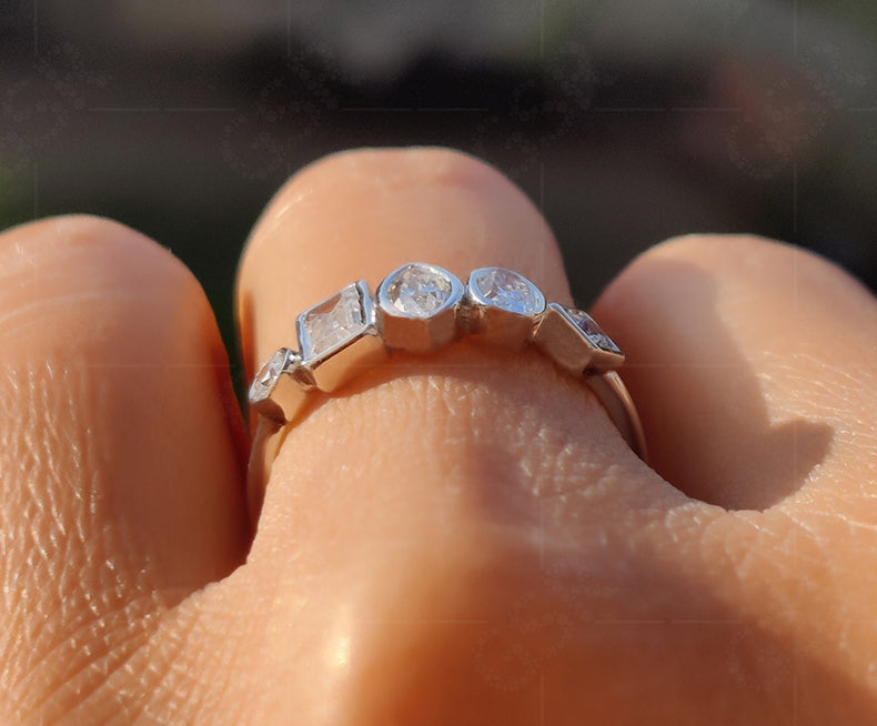 Multi Diamond Ring - Elegant Bubble Style Bezel Set Moissanite Silver and Gold Wedding Ring. Five Stone Cluster Ring, Ideal for Anniversaries and Women.