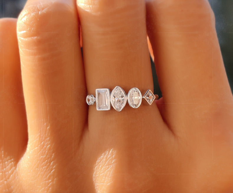 Multi Diamond Ring - Elegant Bubble Style Bezel Set Moissanite Silver and Gold Wedding Ring. Five Stone Cluster Ring, Ideal for Anniversaries and Women.