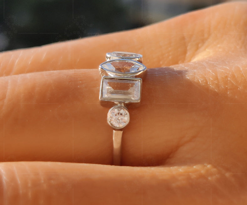 Multi Diamond Ring - Elegant Bubble Style Bezel Set Moissanite Silver and Gold Wedding Ring. Five Stone Cluster Ring, Ideal for Anniversaries and Women.