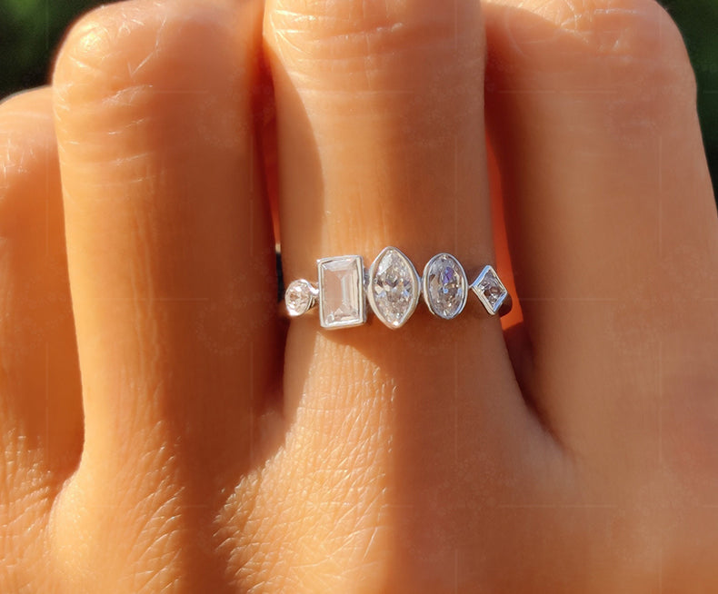 Multi Diamond Ring - Elegant Bubble Style Bezel Set Moissanite Silver and Gold Wedding Ring. Five Stone Cluster Ring, Ideal for Anniversaries and Women.