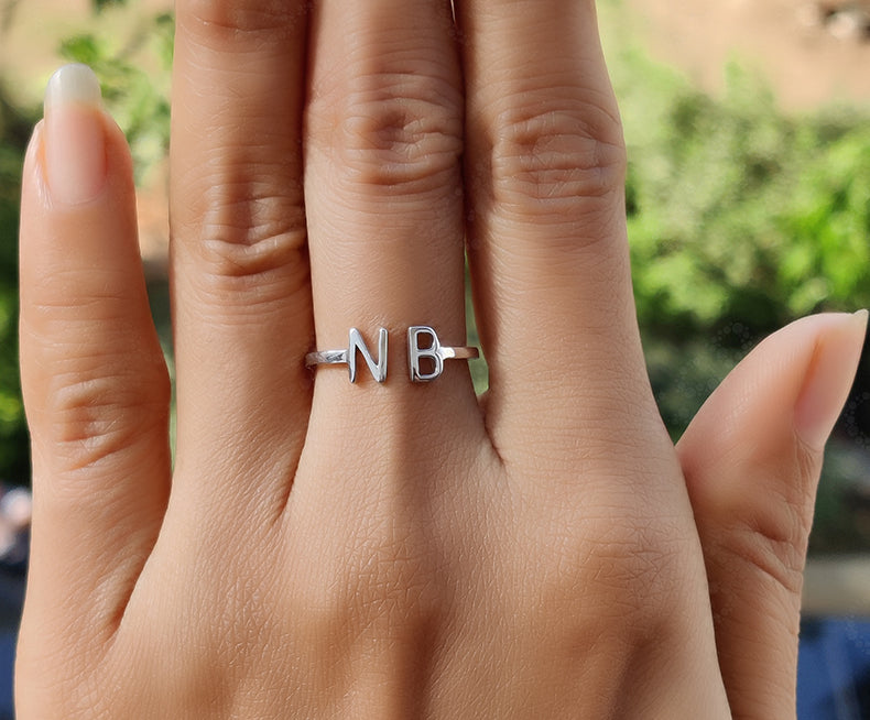 Personalized Adjustable Open Cuff Ring - Custom Initial Stackable Ring - Personalized Birthday Gifts - Silver and Gold Dainty Letter Ring