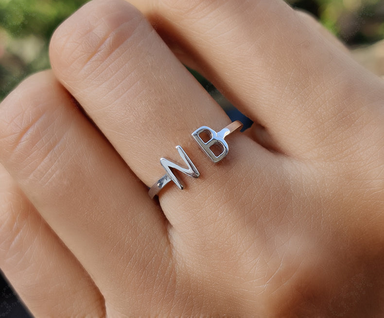 Personalized Adjustable Open Cuff Ring - Custom Initial Stackable Ring - Personalized Birthday Gifts - Silver and Gold Dainty Letter Ring