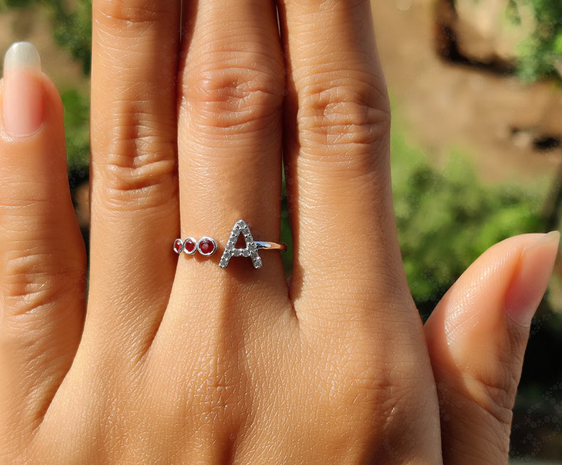 Personalized Initial Birthstone Ring - Custom Gemstone Jewelry for Mom in Silver and Gold - Open Cuff Design - Gelson World - Premium Silver and Gold Jewelry for USA Shoppers