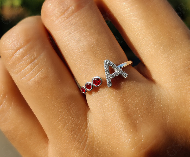 Personalized Initial Birthstone Ring - Custom Gemstone Jewelry for Mom in Silver and Gold - Open Cuff Design - Gelson World - Premium Silver and Gold Jewelry for USA Shoppers