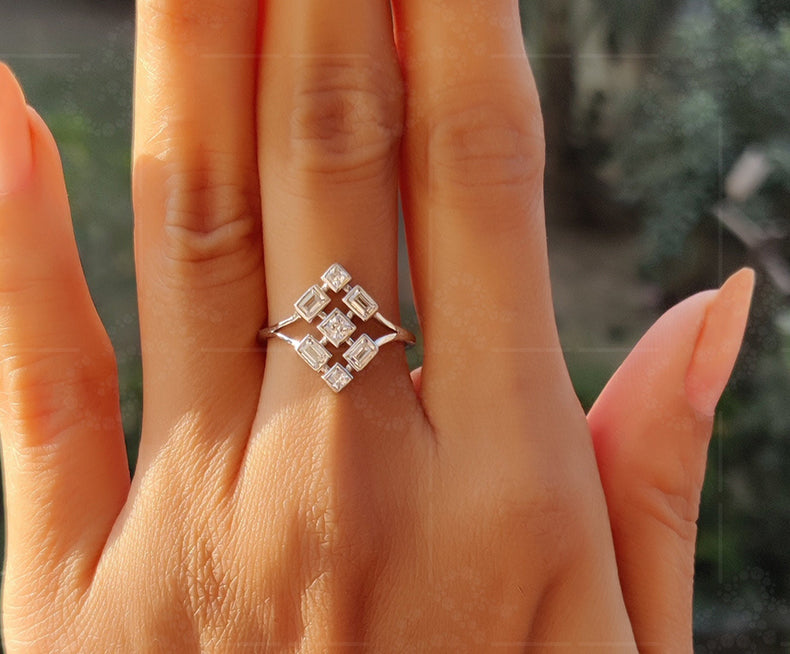 Princess & Baguette Moissanite Stacking Ring: Silver and Gold Elegance - Dainty Fashion Fine Jewelry - Promise & Anniversary Ring