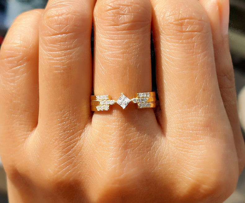 Princess Stacking Ring: A Sparkling Moissanite Anniversary Ring in Silver and Gold, Perfect as a 3-Row Moissanite Wedding Band for Women