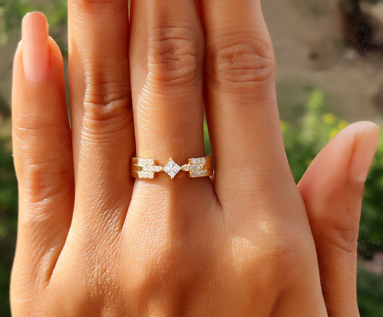 Princess Stacking Ring: A Sparkling Moissanite Anniversary Ring in Silver and Gold, Perfect as a 3-Row Moissanite Wedding Band for Women