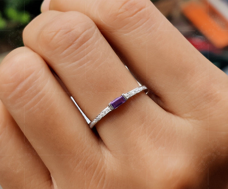Radiant Purple: Silver and Gold Baguette Amethyst Ring - Dainty Stacking Ring for Women - February Birthstone Ring