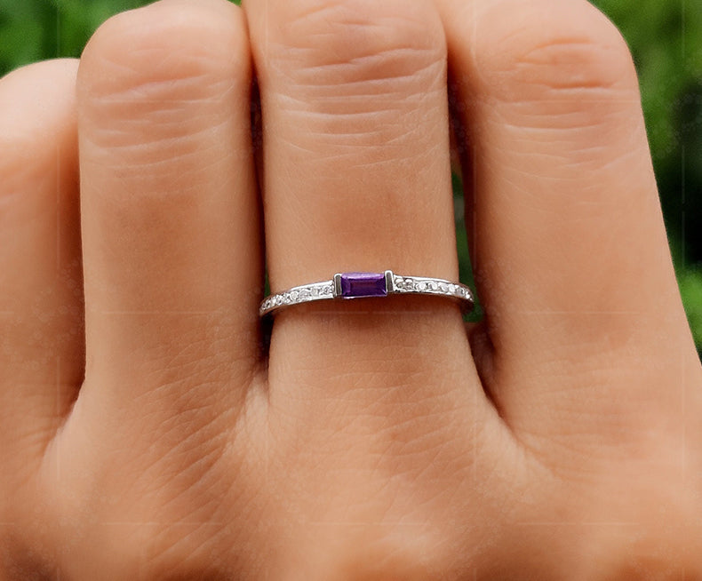 Radiant Purple: Silver and Gold Baguette Amethyst Ring - Dainty Stacking Ring for Women - February Birthstone Ring