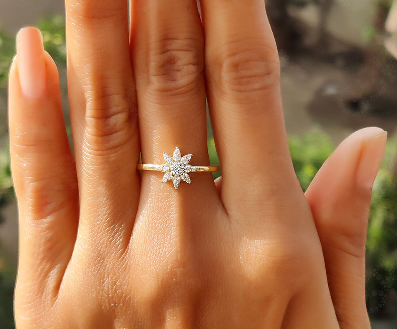 Radiant Sunburst Moissanite Ring in 14k Gold - Nature-Inspired Women's Wedding Band, Promise, and Anniversary Ring