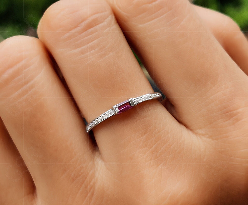 Rhodolite Garnet Baguette Ring - Dainty Minimalist Women's Ring - Birthstone Stackable Ring - Gemstone Ring For Mom
