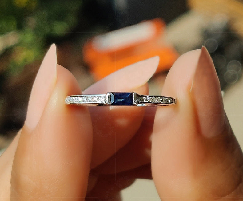 Sapphire Splendor: Minimalist Gold Baguette Stacking Ring - Dainty September Birthstone Beauty - Blue Gemstone Elegance for Women