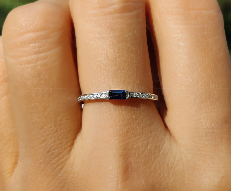 Sapphire Splendor: Minimalist Gold Baguette Stacking Ring - Dainty September Birthstone Beauty - Blue Gemstone Elegance for Women