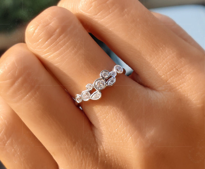 Scattered Beauty: Bubble Style Multi Stone Moissanite Gold Ring, a Minimalist Anniversary Ring for Women, Bezel Set Elegance - Gelson World - Premium Silver and Gold Jewelry for USA Shoppers