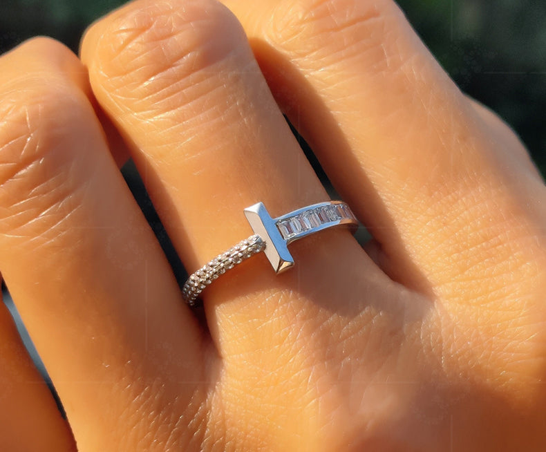 Sideways Cross Ring - T Cross Stacking Ring - Silver and Solid Gold Fashion Ring - Dainty Baguette Moissanite Cross Ring for Women - Gelson World - Premium Silver and Gold Jewelry for USA Shoppers