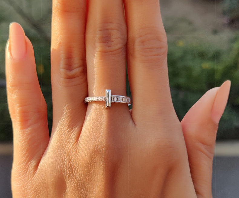 Sideways Cross Ring - T Cross Stacking Ring - Silver and Solid Gold Fashion Ring - Dainty Baguette Moissanite Cross Ring for Women - Gelson World - Premium Silver and Gold Jewelry for USA Shoppers