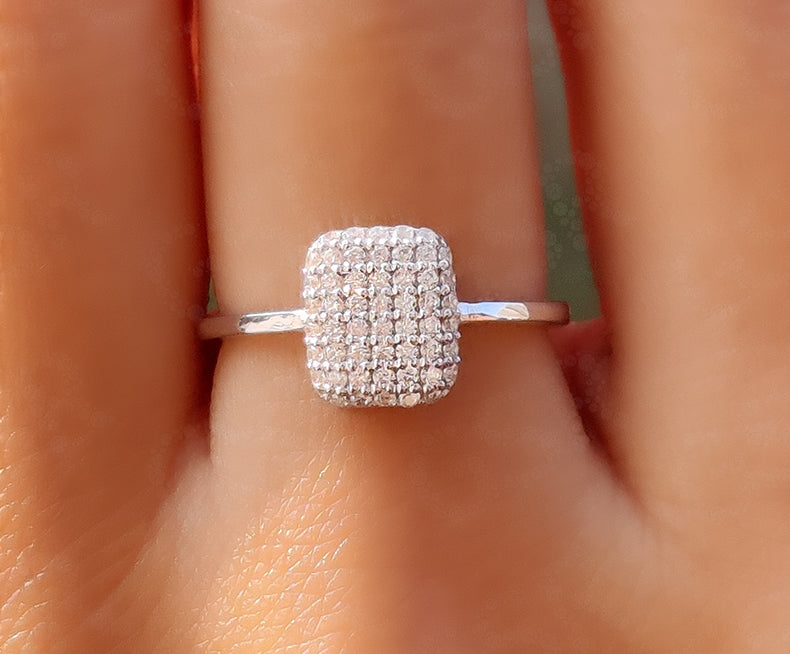 Silver and Gold Elongated Cushion Moissanite Cluster Ring - Dainty Minimalist Stackable Anniversary Ring - Silver and Gold Women's Fine Jewelry