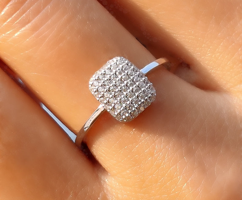 Silver and Gold Elongated Cushion Moissanite Cluster Ring - Dainty Minimalist Stackable Anniversary Ring - Silver and Gold Women's Fine Jewelry