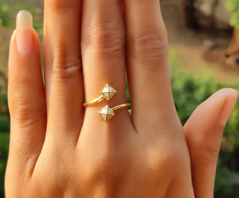 Silver and Gold Open Cuff Ring - Moissanite Stackable Ring - Vintage Inspired - Dainty Minimalist Jewelry - Promise Ring for Women