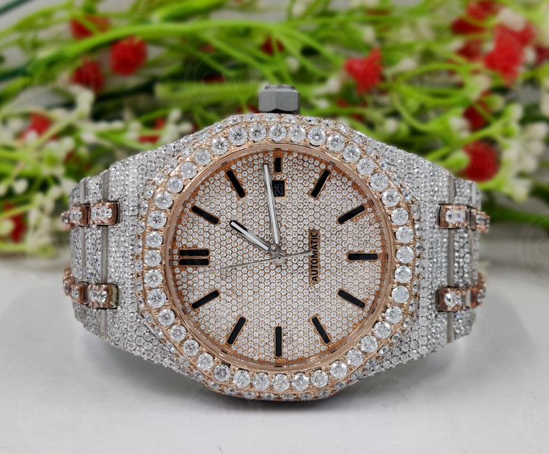 Iced Out Moissanite Diamond Round Watch, Luxury Hip Hop Buss Down Watch (Rose) - Gelson World - Premium Silver and Gold Jewelry for USA Shoppers