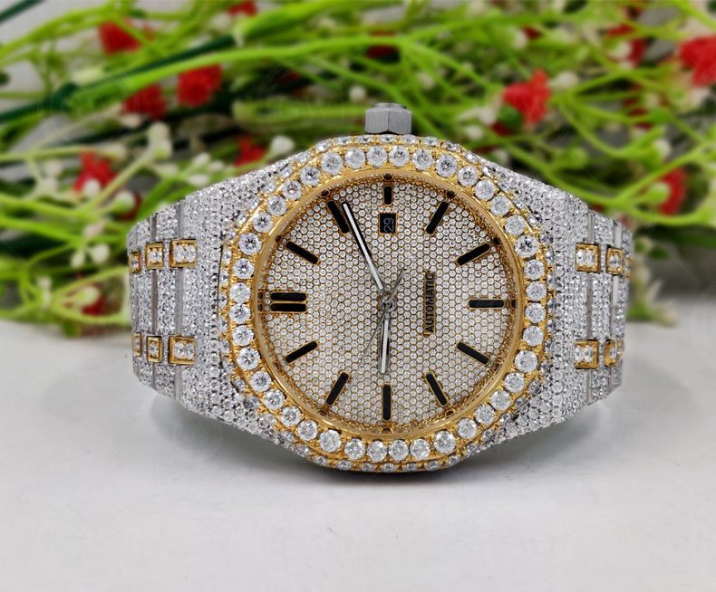 Moissanite Diamond iced out Luxury watches, Fully Automatic Hip Hop Buss Down Round Watch (Yellow) - Gelson World - Premium Silver and Gold Jewelry for USA Shoppers