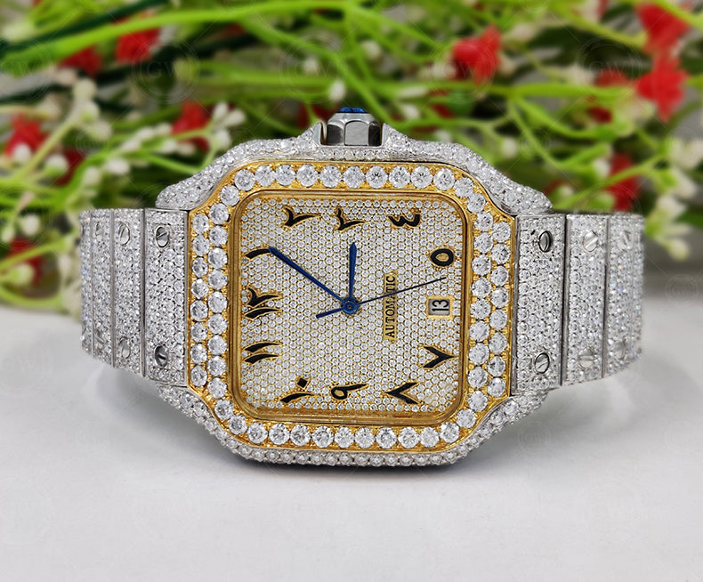 Moissanite Diamond iced out Luxury watches, Fully Automatic Hip Hop Buss Down Watch Two Tone (Yellow) - Gelson World - Premium Silver and Gold Jewelry for USA Shoppers