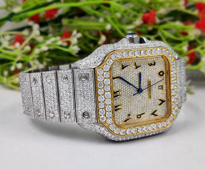 Moissanite Diamond iced out Luxury watches, Fully Automatic Hip Hop Buss Down Watch Two Tone (Yellow) - Gelson World - Premium Silver and Gold Jewelry for USA Shoppers