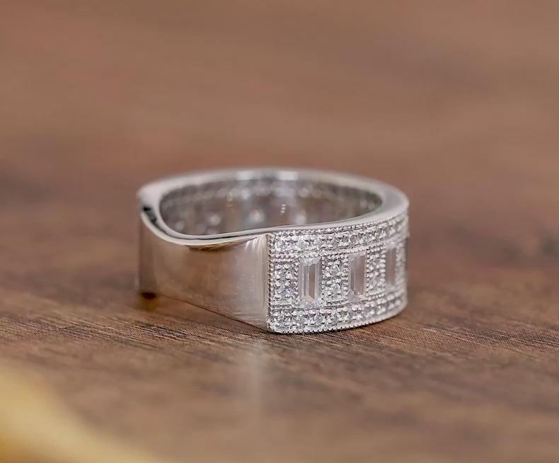 Vintage Milgrain Wedding Band, Wide Band Rings For Women, Baguette And Round Anniversary Band, Unique Engagement Band, Art Deco Promise Band