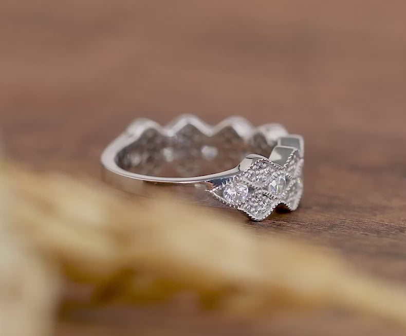 Art Deco Vintage Wedding Band Women, Moissanite Ring Band, Milgrain Vintage Band, Scalloped Edge Band, Unique Moissanite Anniversary Bands