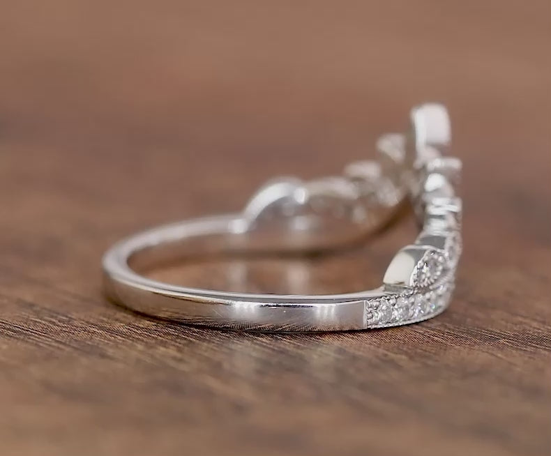 Moissanite Vintage Milgrain Band, V Shaped Wedding Band Women, Curved leaf Style Nature Inspired Band, Solid Gold Chevron Matching Band