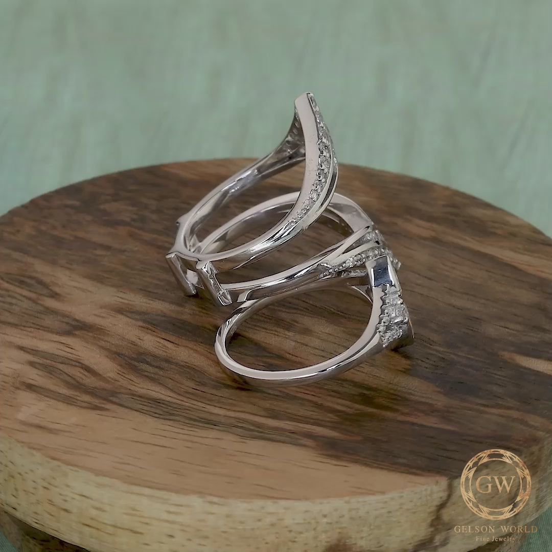 Double V Shaped Enhancer Wedding Ring Set, Unique Bridal Engagement Ring Jacket, Moissanite Ring Enhancers And Wraps, Large Womens Ring Set