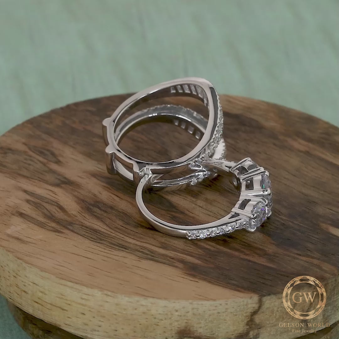 14K Gold Moissanite Vintage Bridal Ring Set, Ring Jacket and Round 3 Stone Engagement Ring, Art Deco Wedding Ring Enhancer, wrap guard band