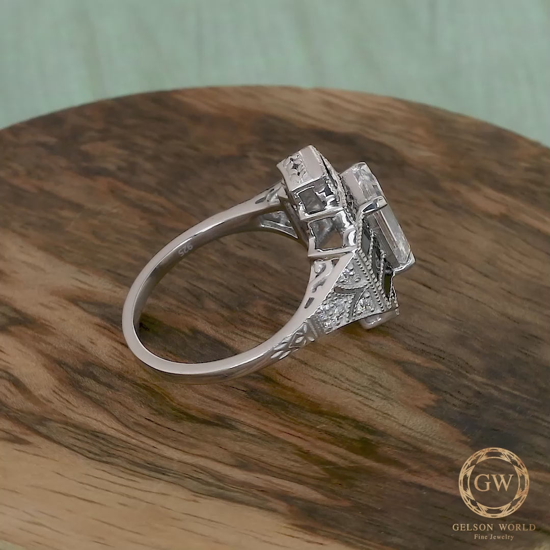 Black Baguette Vintage Engagement Ring