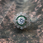 2.75 TCw Vintage Art Deco Style Round Cut & Emerald Cz Moissanite Diamond Antique Engagement Ring Vintage Reproduction Emerald Halo Ring