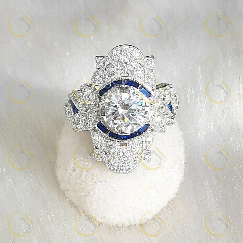 Antique Edwardian Ring, Estate Cocktail Ring, Moissanite Celebrity Style Ring, Large Vintage Engagement Ring, Unique Art Deco Womens Ring