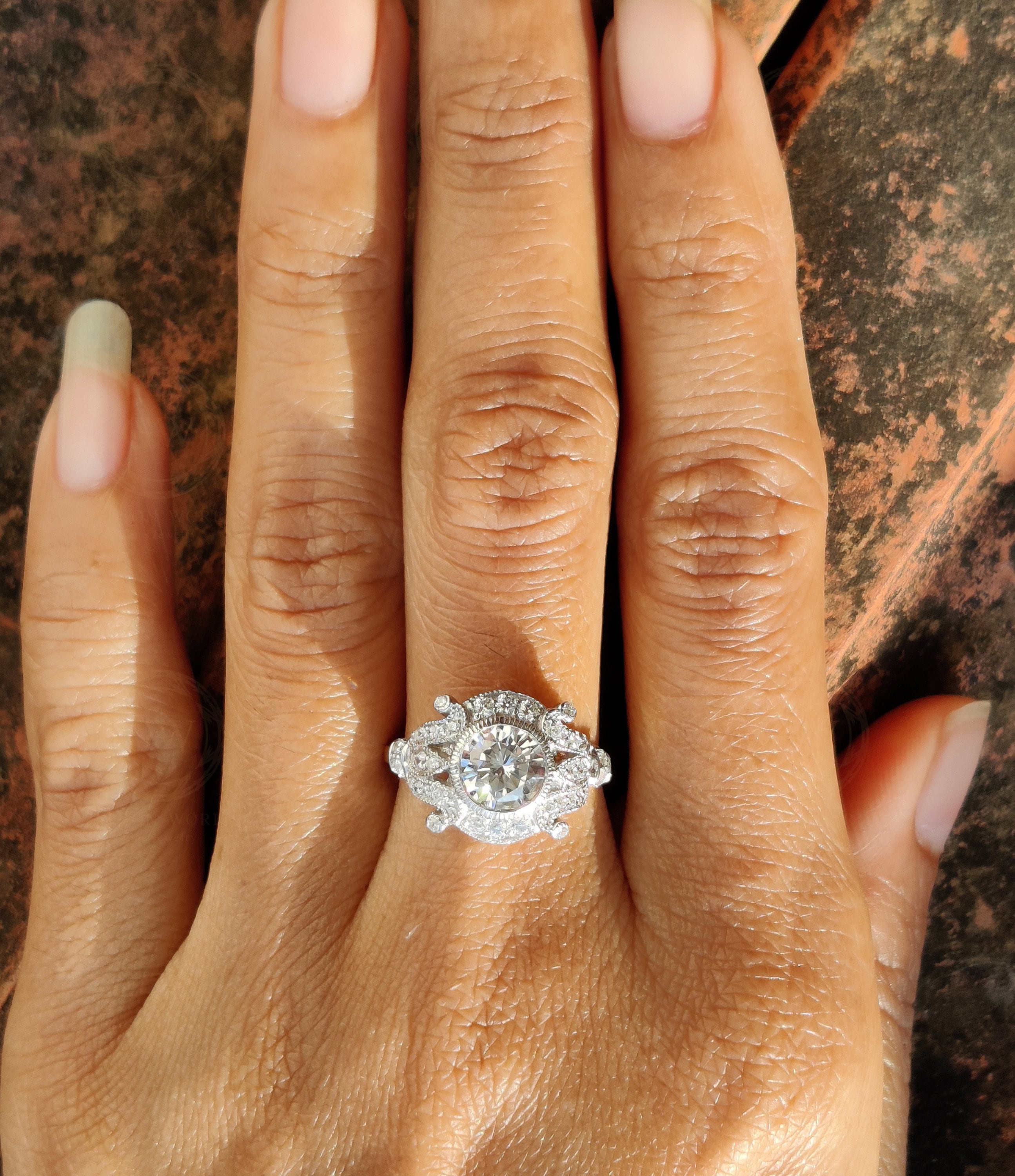 Estate Jewelry / Antique Engagement Ring / Sterling Silver Ring / Round Moissanite / Vintage Wedding Ring / Anniversary Gift for her - Gelson World - Premium Silver and Gold Jewelry for USA Shoppers