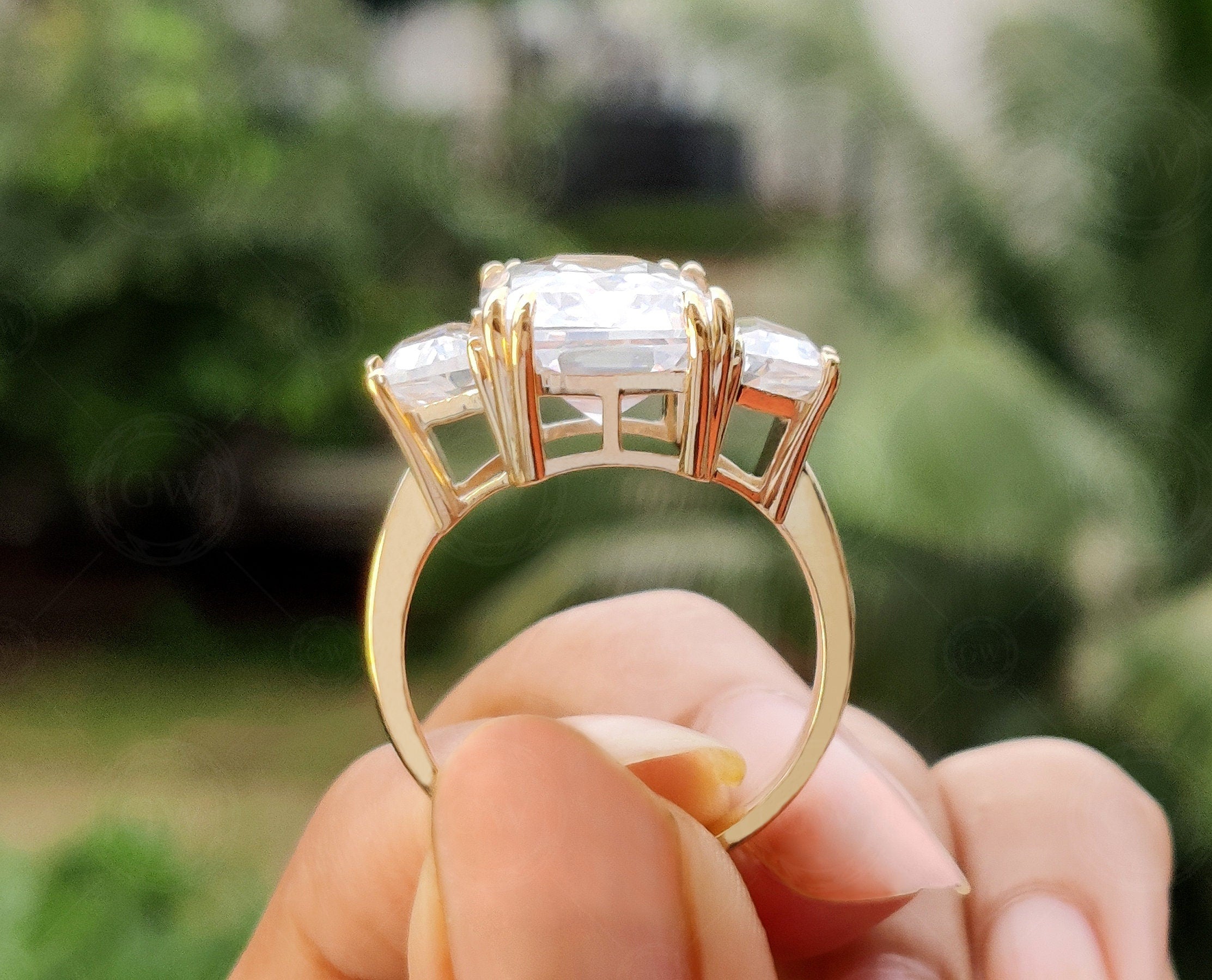 Large Radiant Cut Simulated Diamond Ring, Big 3 Stone Engagement Ring, Celebrity Replica Rings, Cocktail Statement Ring, Trilogy Ring - Gelson World - Premium Silver and Gold Jewelry for USA Shoppers