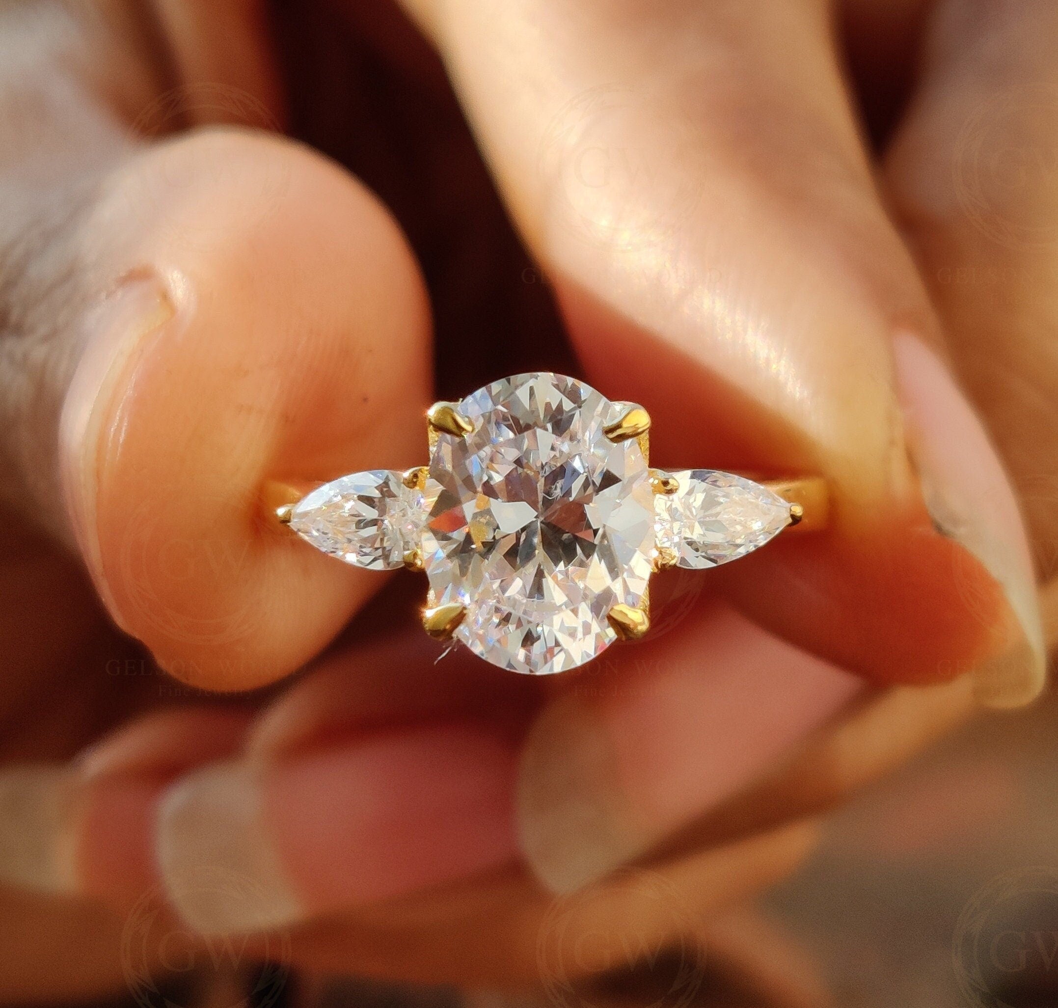 3 Stone Oval Engagement Ring / Oval & Pear Moissanite Ring / Sterling Silver / Three Stone Wedding Ring / Anniversary Gift / Classic Ring