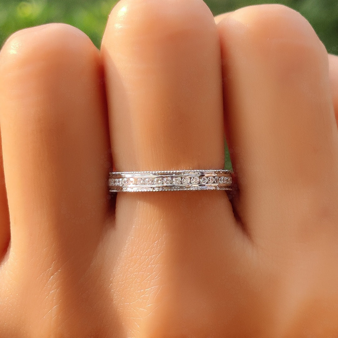 Timeless Glamour: Silver and Gold Vintage Wedding Ring Band – Experience the Perpetual Beauty of a Full Eternity Stackable Ring, Adorned with Colorless Moissanite Stones in a Channel Set, the Ideal Matching Band for Her