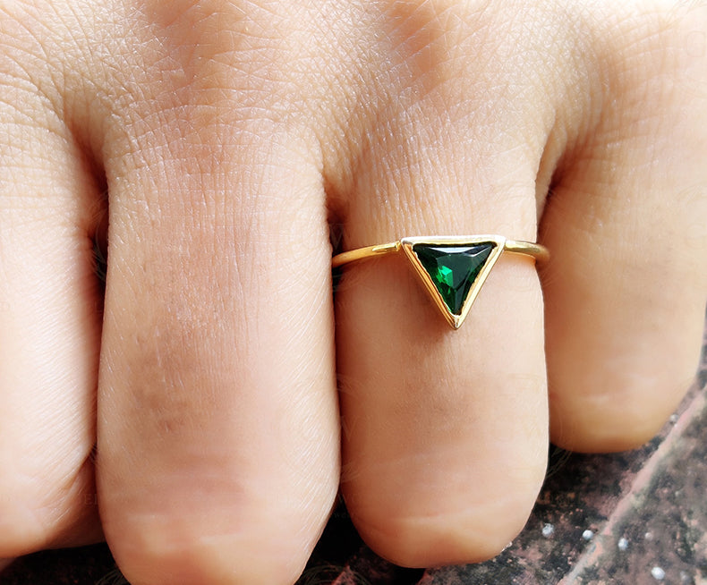 Silver and Gold Triangle Shape Emerald Minimalist engagement ring, Matching Stacking Ring, Dainty Diamond Ring, Gemstone Birthstone Ring