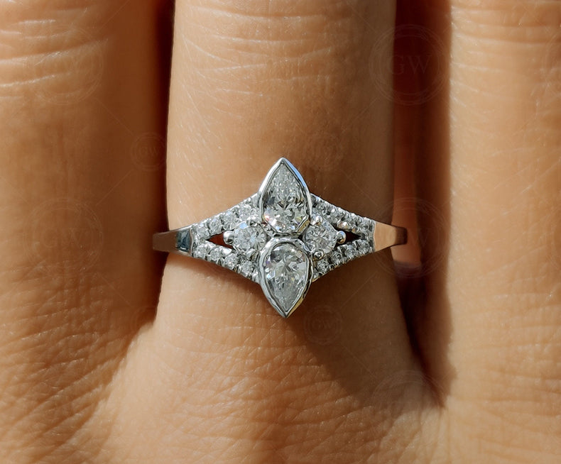 Double Pear Shaped Moissanite Ring, Unique Teardrop Engagement Ring, Split Shank Ring, Promise Rings For Women, Inspired By Tear Of Two Eye