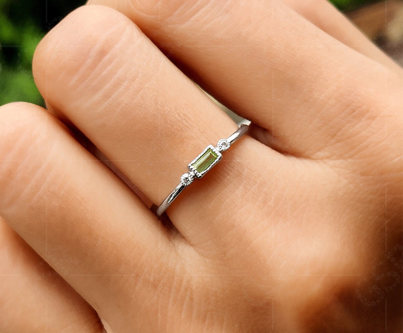 Peridot Perfection: Dainty Silver and Gold August Birthstone Ring Stack - Stacking Peridot Minimalist Ring, Thin Baguette Stackable Ring, Ring For Mom